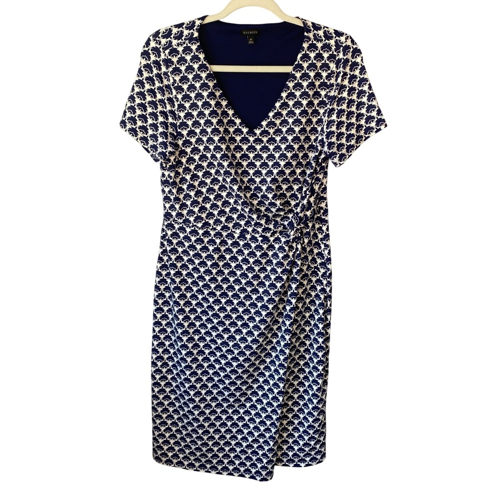 Talbots Womens Navy Blue White Geometric‎ Fan Print Faux Wrap Sheath Dress M